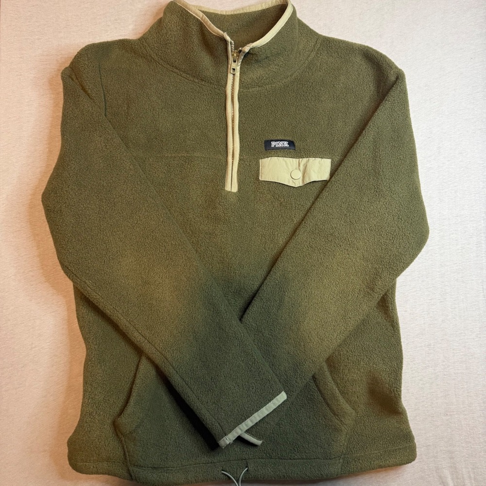 Victoria's Secret PINK Quarter Zip Fleece Pullover Olive Green Mock Neck xs